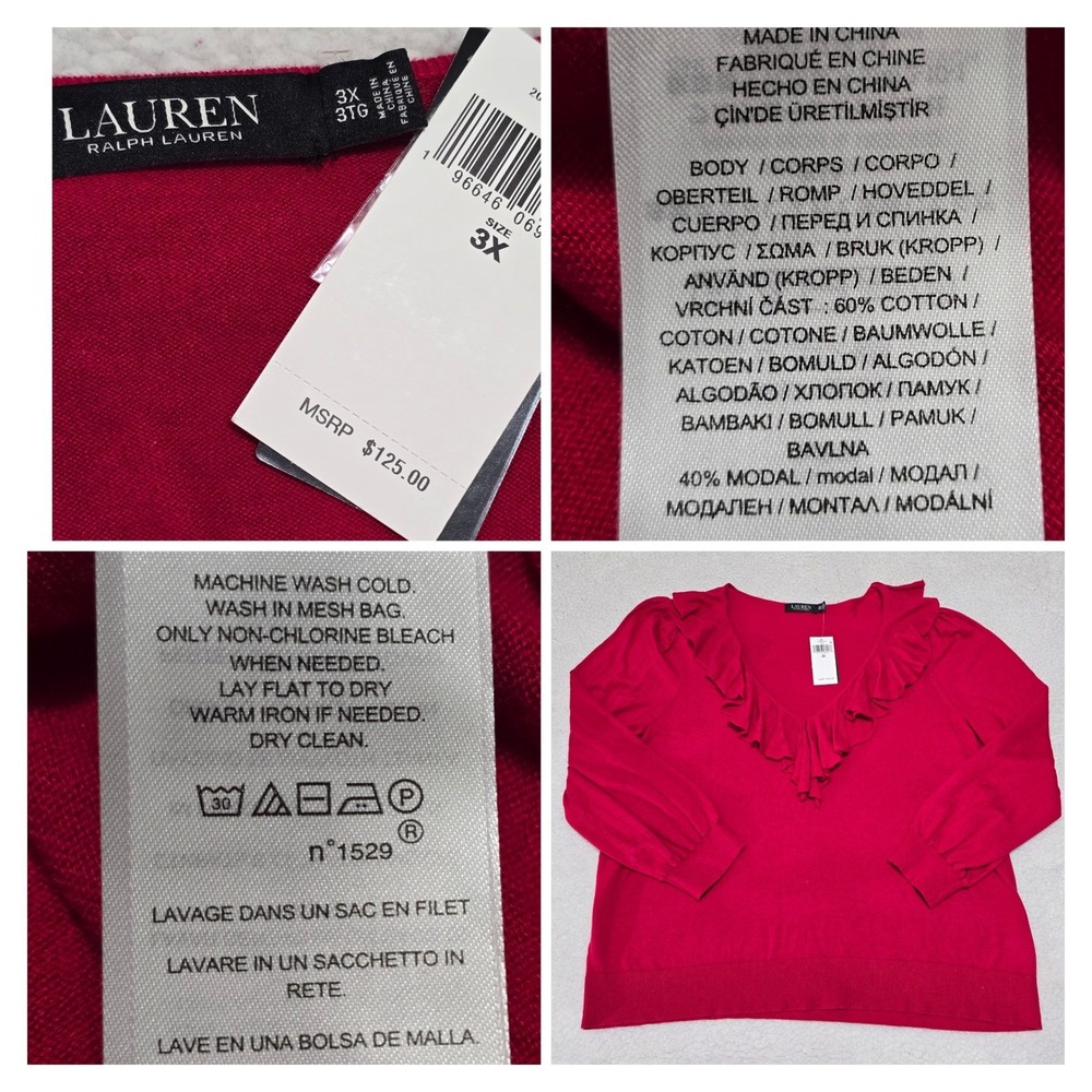 Lauren Ralph Lauren Red Ruffle V-Neck Puff Sleeve Sweater 3X NWT 202889 - Picture 2 of 8